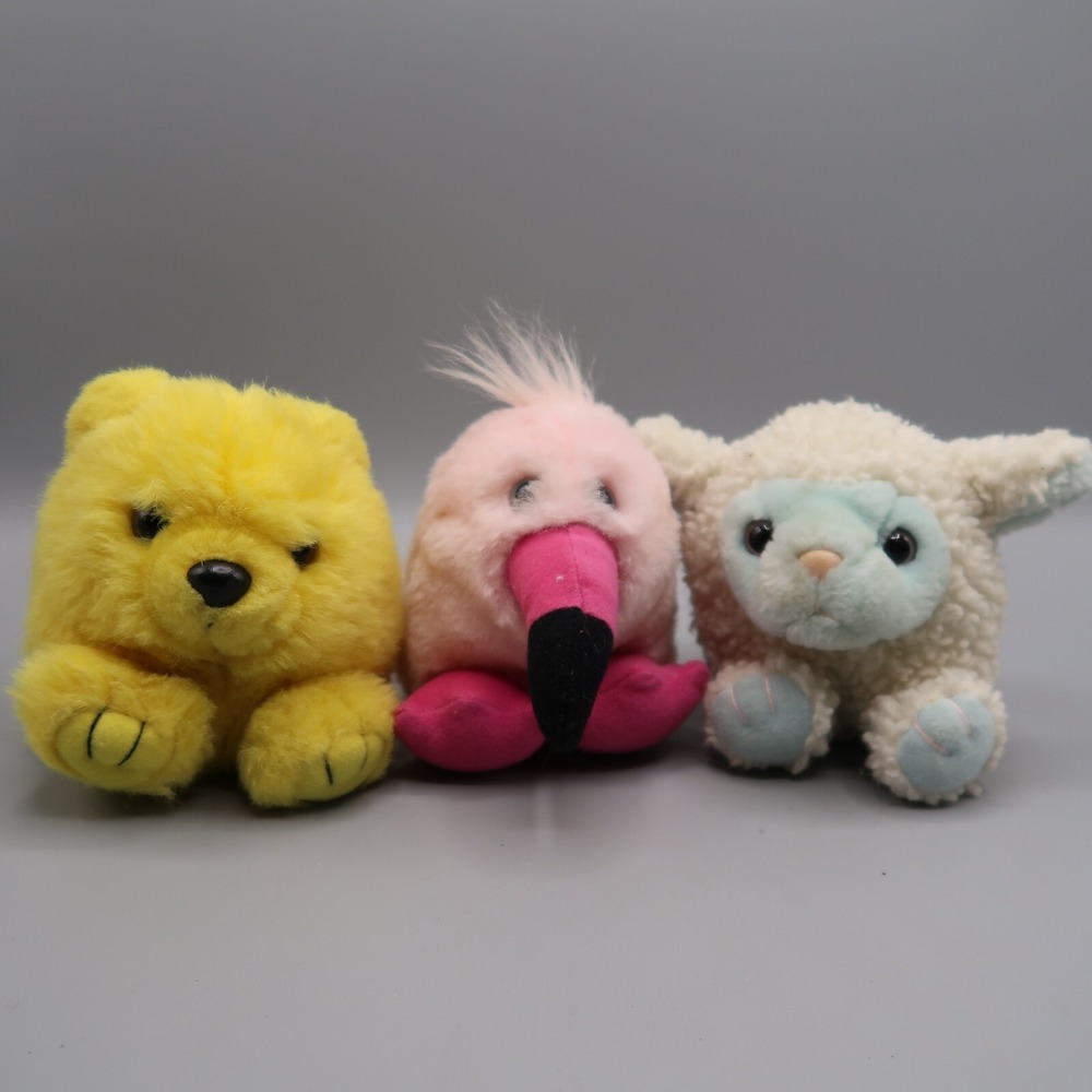 Vintage Puffkins‎ Plush Lot Yellow Bear Pink Flamingo White Sheep Toy Stuffed